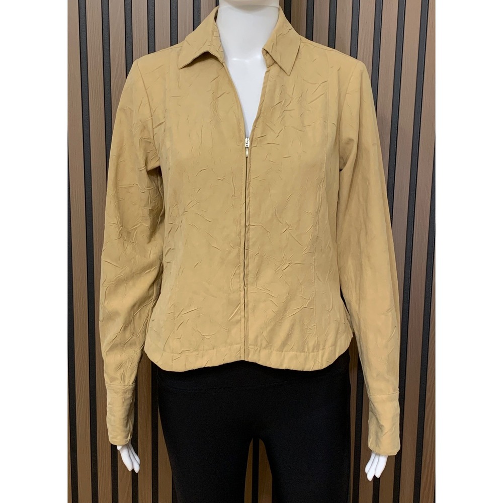 Coldwater Creek Tan Crinkle Zip Up Jacket Petite XS Vintage Textured Lightweight